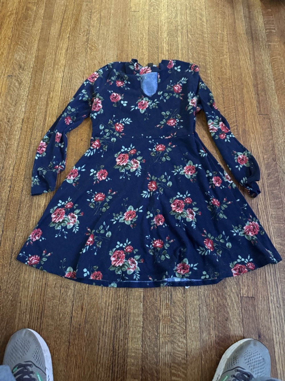 Girls' Navy Floral Long-Sleeve Twirl Dress